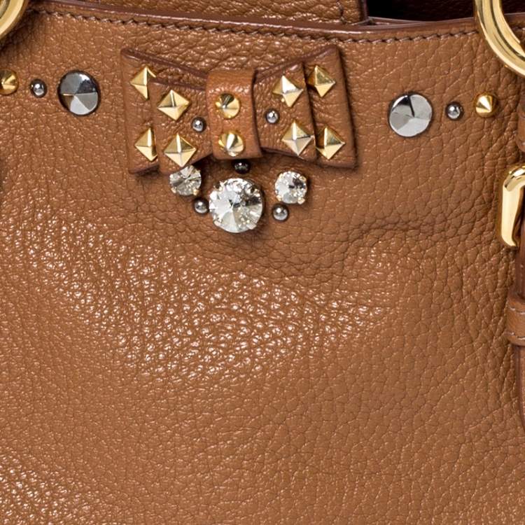 Pre Owned  Miu Miu Tan Leather Crystal Embellished Studded Tote
