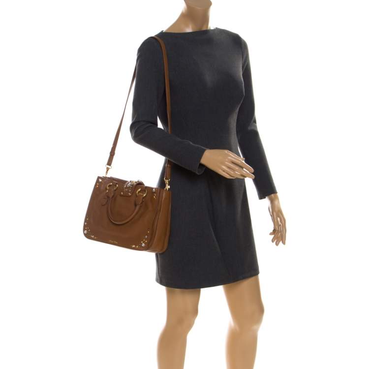 Pre Owned  Miu Miu Tan Leather Crystal Embellished Studded Tote