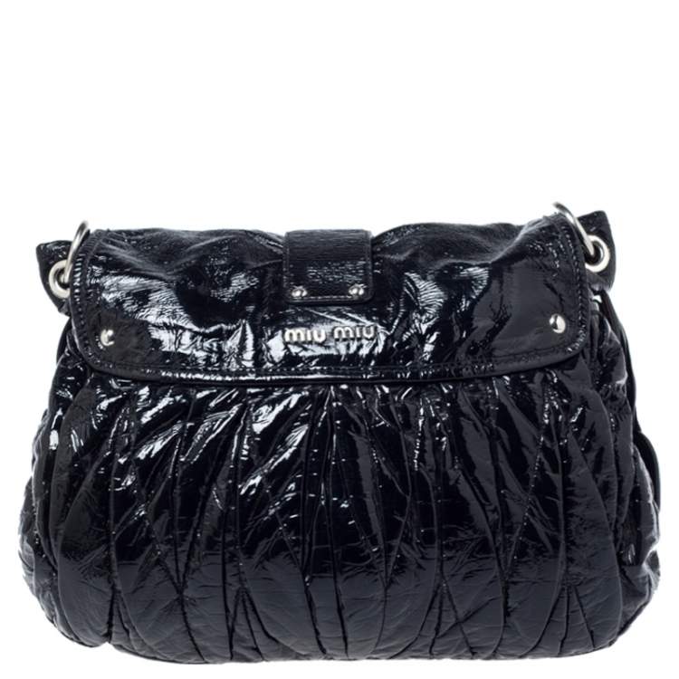 Pre Owned Miu Miu Black Matelassé Patent Leather Coffer Hobo