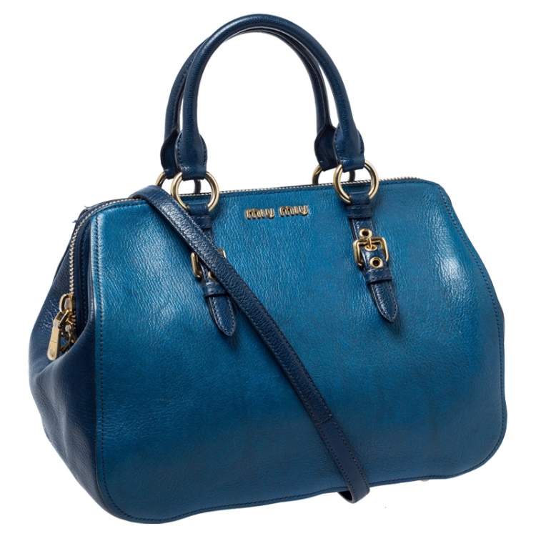 Pre Owned Miu Miu Blue Leather Madras Bowler Bag