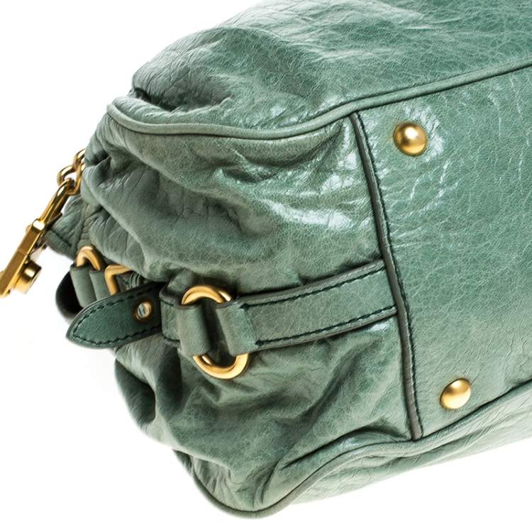 Pre Owned Miu Miu Mint Green Leather Lily Distressed Satchel