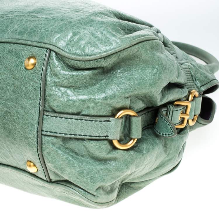 Pre Owned Miu Miu Mint Green Leather Lily Distressed Satchel