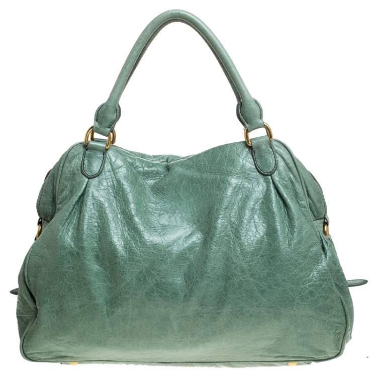 Pre Owned Miu Miu Mint Green Leather Lily Distressed Satchel