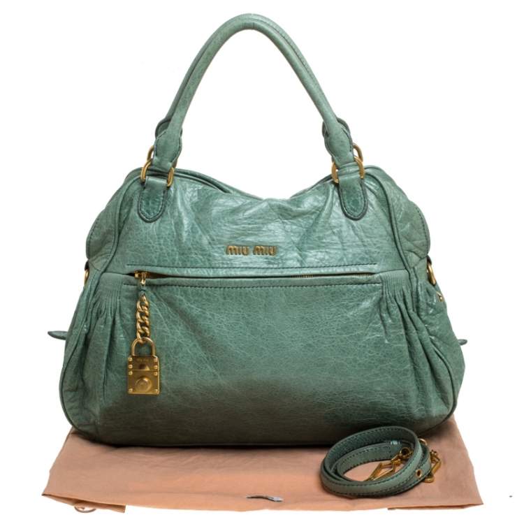 Pre Owned Miu Miu Mint Green Leather Lily Distressed Satchel
