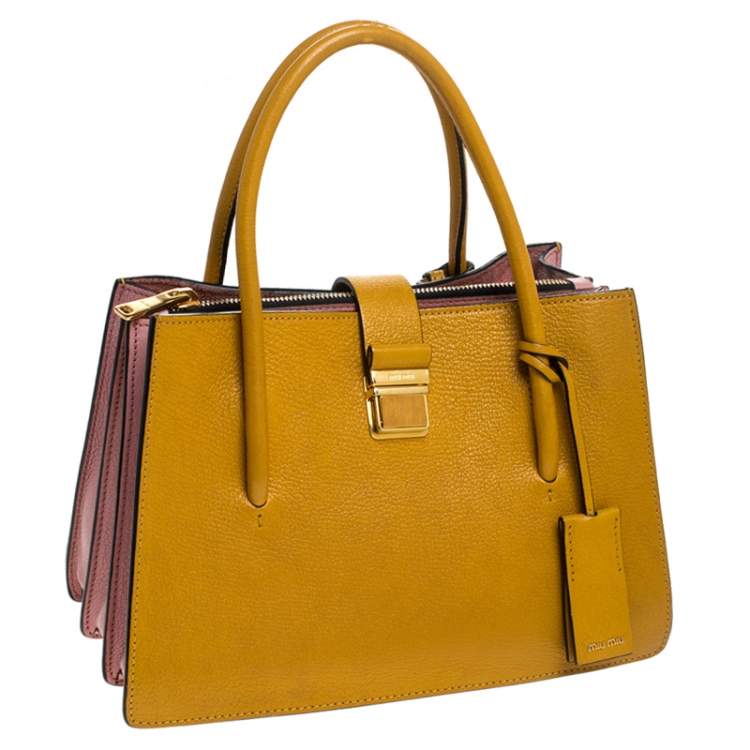 Pre Owned Miu Miu Mustard Leather Medium Madras Tote