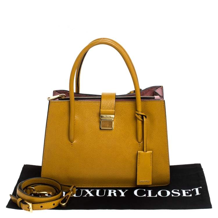 Pre Owned Miu Miu Mustard Leather Medium Madras Tote