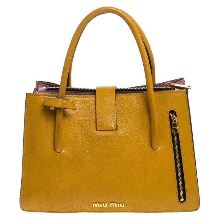 Pre Owned Miu Miu Mustard Leather Medium Madras Tote