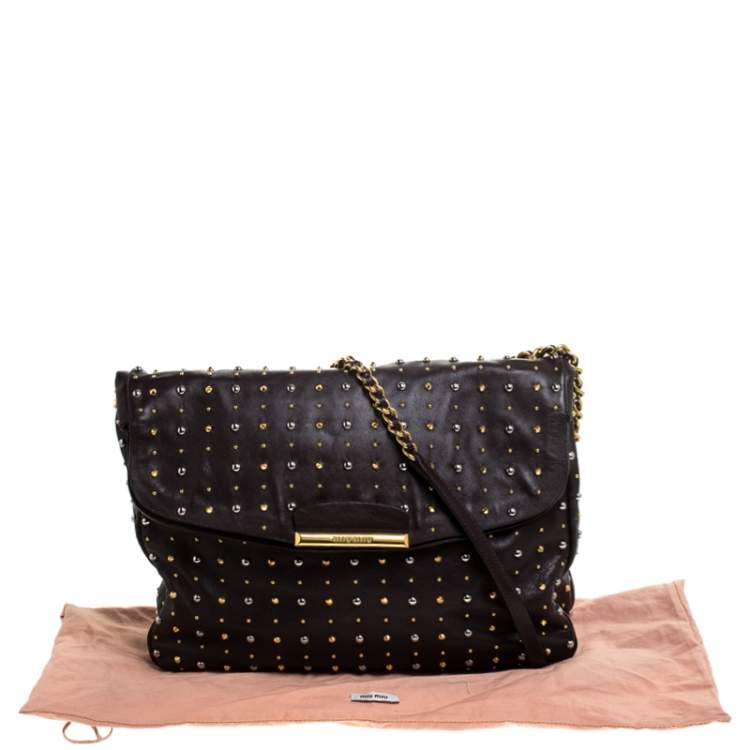 Pre Owned Miu Miu Brown Studded Leather Flap Chain Shoulder Bag