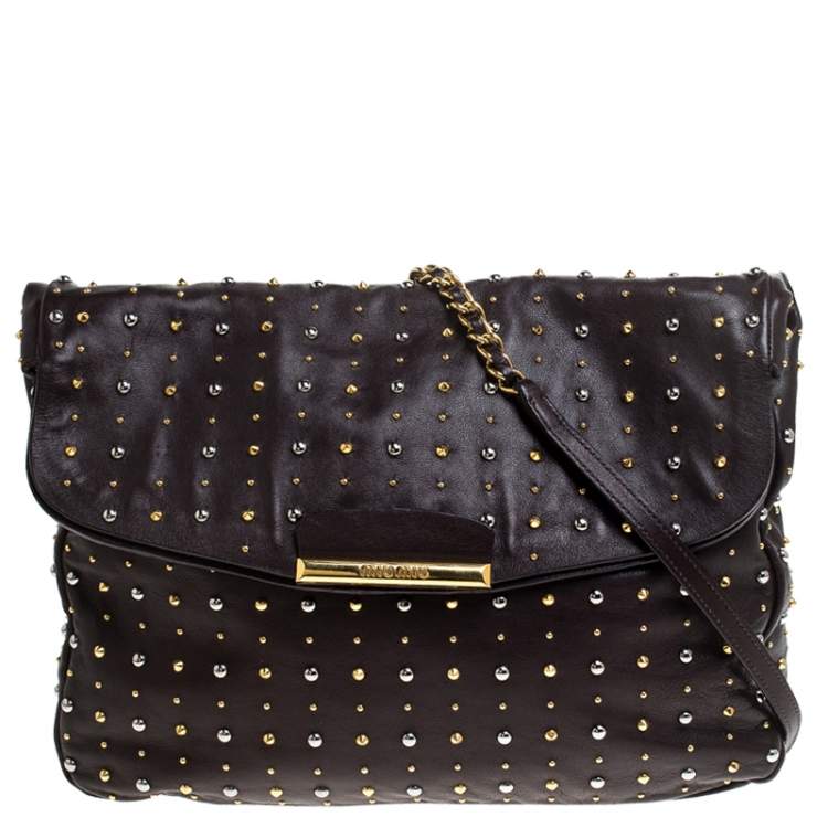 Pre Owned Miu Miu Brown Studded Leather Flap Chain Shoulder Bag