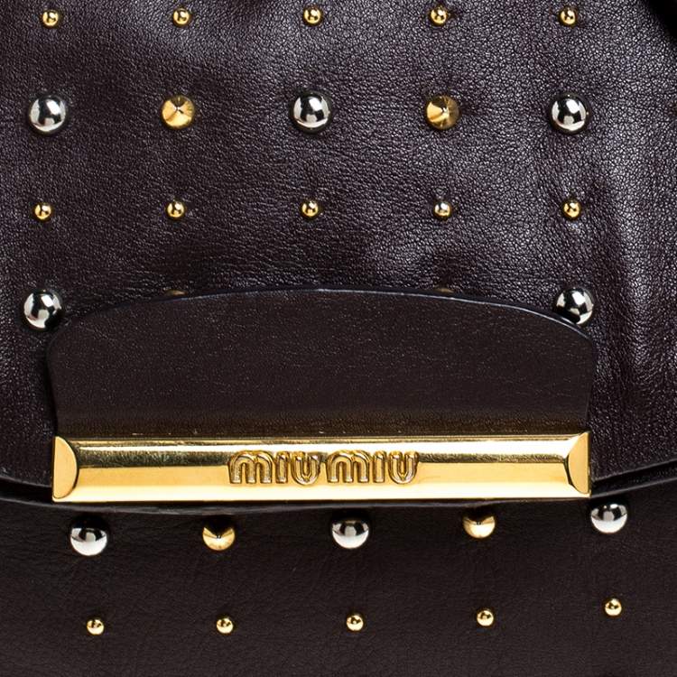 Pre Owned Miu Miu Brown Studded Leather Flap Chain Shoulder Bag