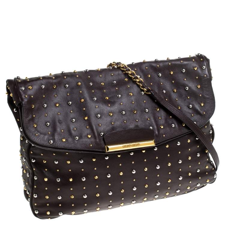 Pre Owned Miu Miu Brown Studded Leather Flap Chain Shoulder Bag