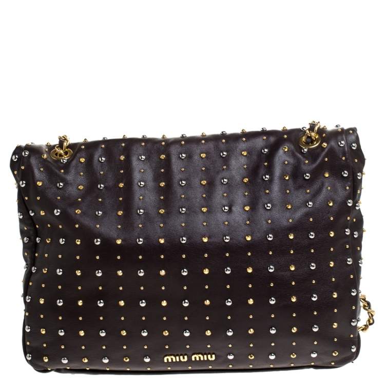 Pre Owned Miu Miu Brown Studded Leather Flap Chain Shoulder Bag