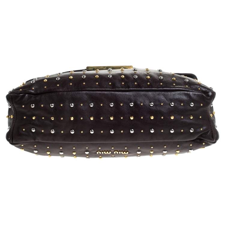 Pre Owned Miu Miu Brown Studded Leather Flap Chain Shoulder Bag
