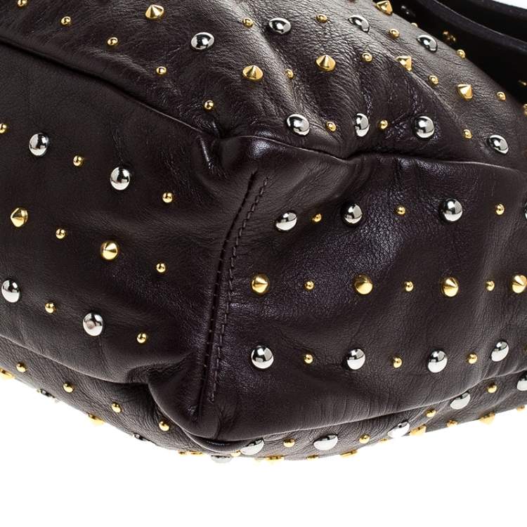 Pre Owned Miu Miu Brown Studded Leather Flap Chain Shoulder Bag