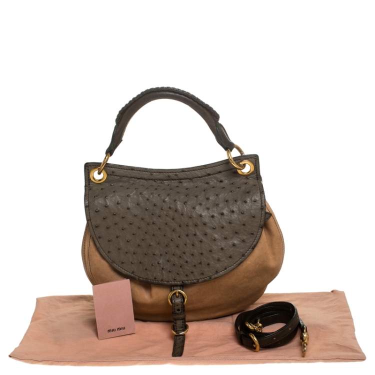 Pre Owned Miu Miu Beige/Green Ostrich and Leather Top Handle Bag