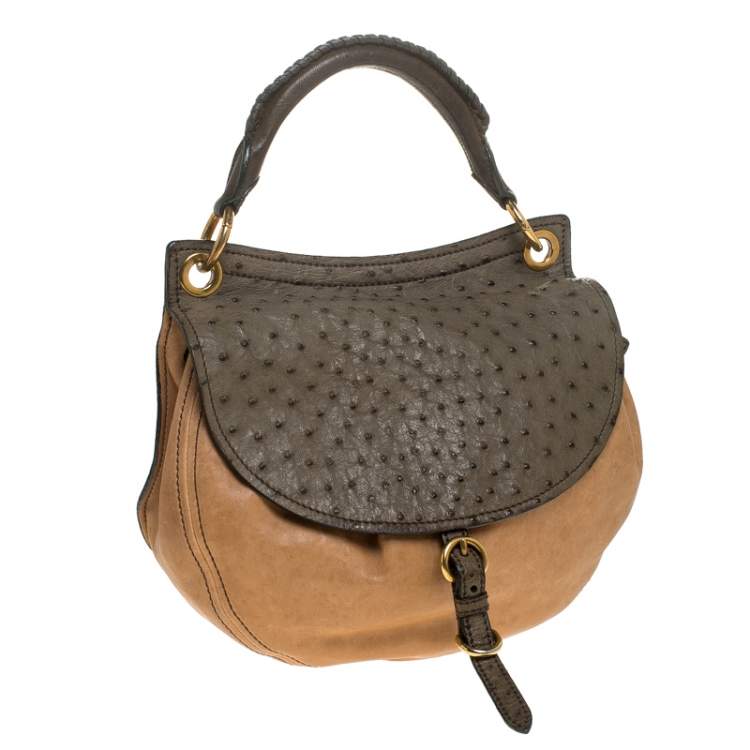 Pre Owned Miu Miu Beige/Green Ostrich and Leather Top Handle Bag