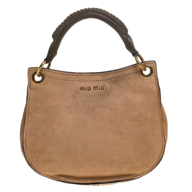 Pre Owned Miu Miu Beige/Green Ostrich and Leather Top Handle Bag