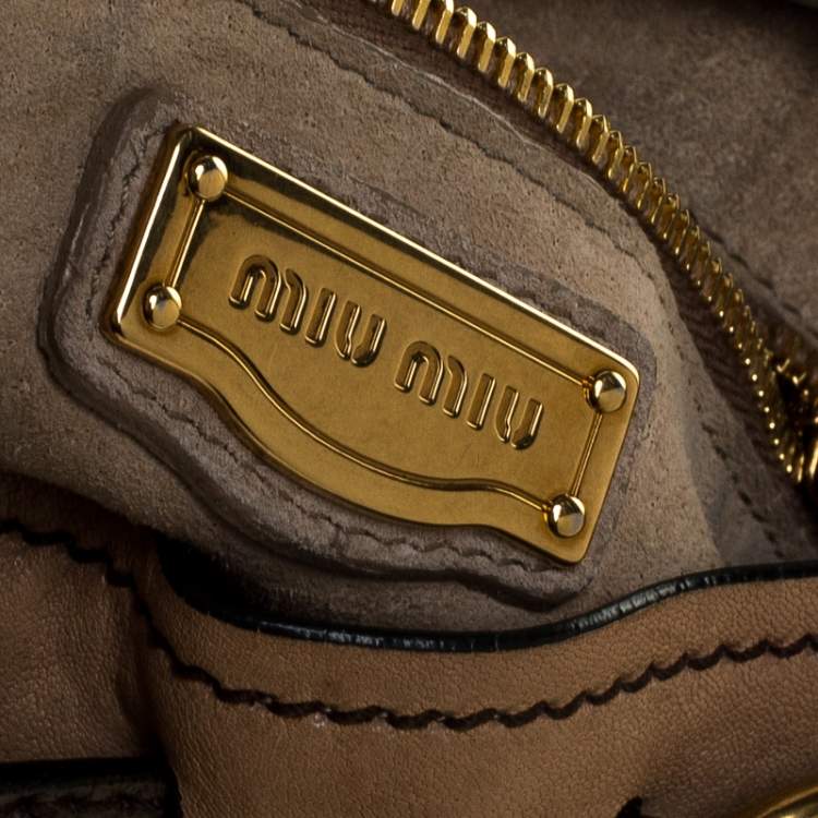 Pre Owned Miu Miu Beige/Green Ostrich and Leather Top Handle Bag