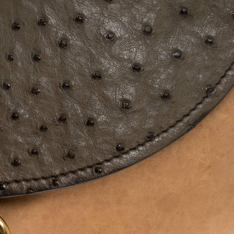 Pre Owned Miu Miu Beige/Green Ostrich and Leather Top Handle Bag