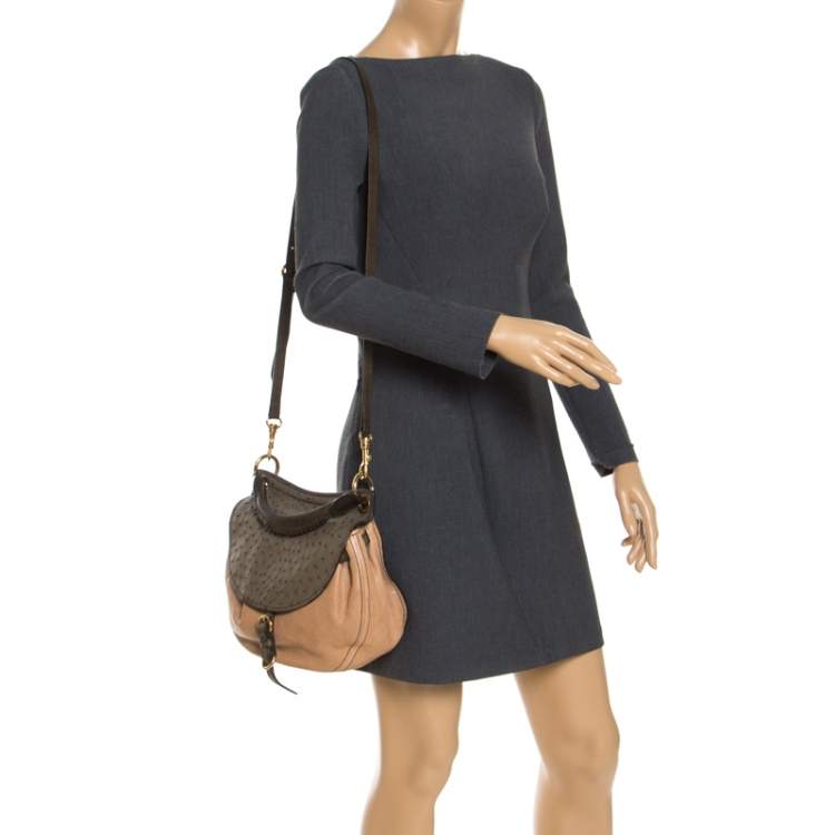 Pre Owned Miu Miu Beige/Green Ostrich and Leather Top Handle Bag