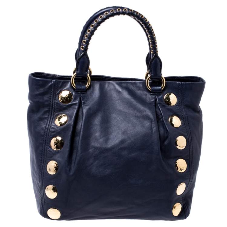 Pre Owned Miu Miu Navy Blue Leather Studded Satchel