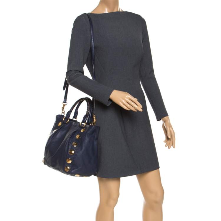 Pre Owned Miu Miu Navy Blue Leather Studded Satchel