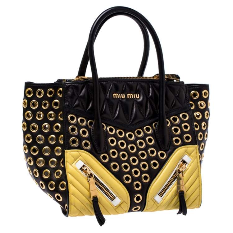Pre Owned Miu Miu Black/Yellow Leather Grommet Biker Convertible Tote