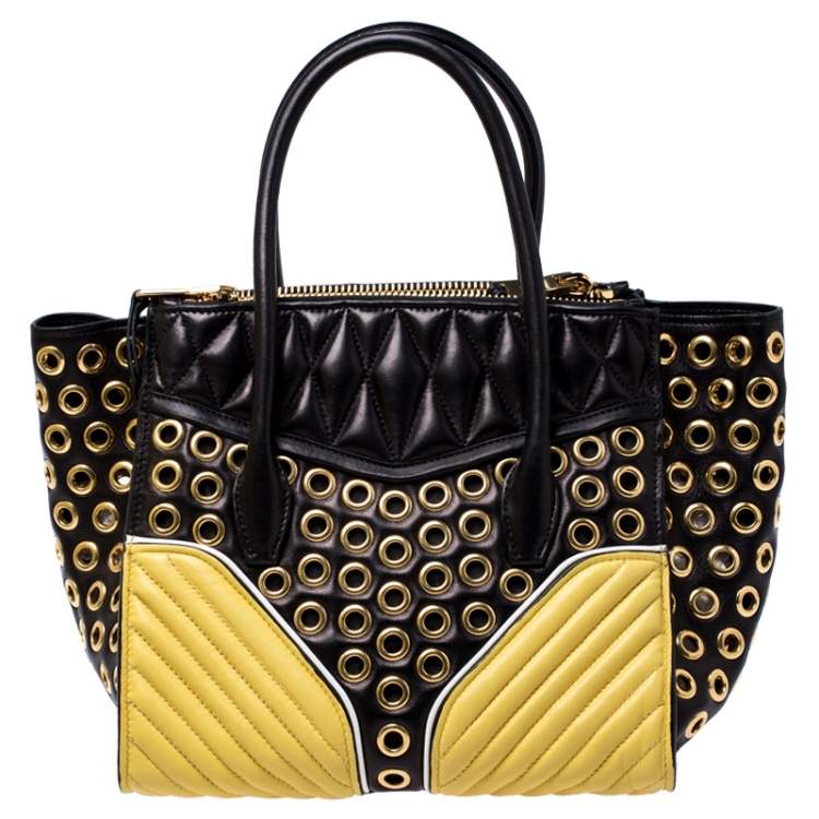 Pre Owned Miu Miu Black/Yellow Leather Grommet Biker Convertible Tote