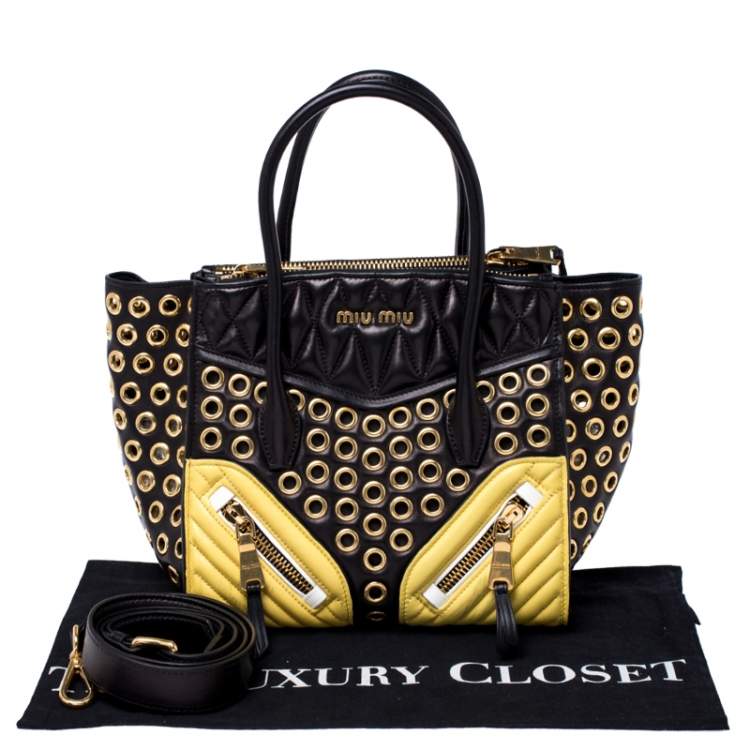 Pre Owned Miu Miu Black/Yellow Leather Grommet Biker Convertible Tote