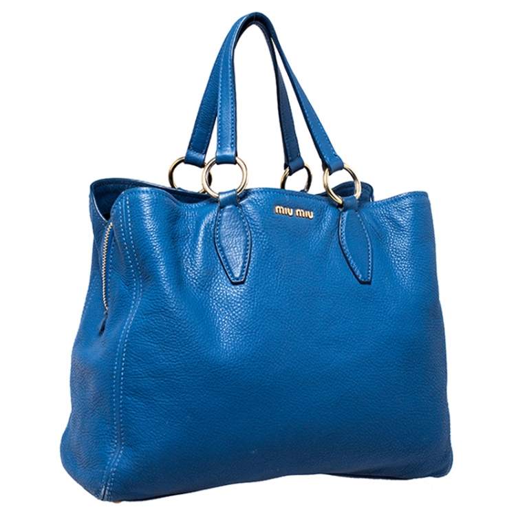 Pre Owned Miu Miu Blue Pebbled Leather Caribou Shopper Tote 