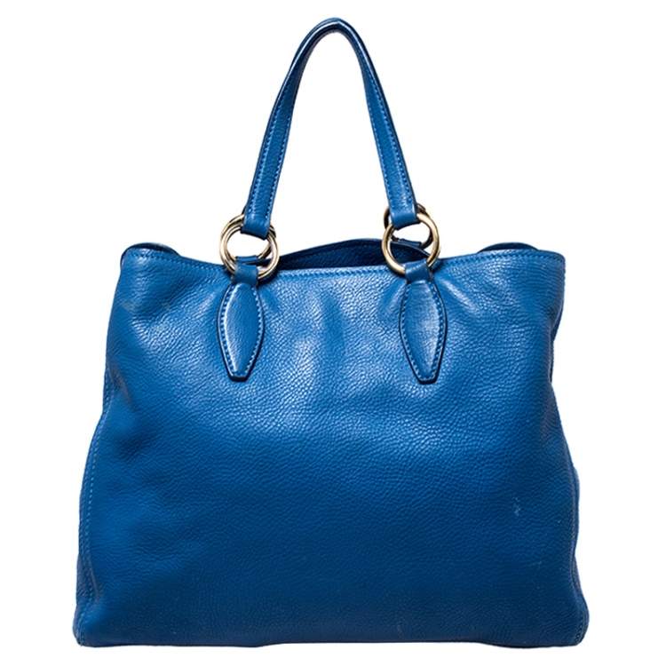 Pre Owned Miu Miu Blue Pebbled Leather Caribou Shopper Tote 