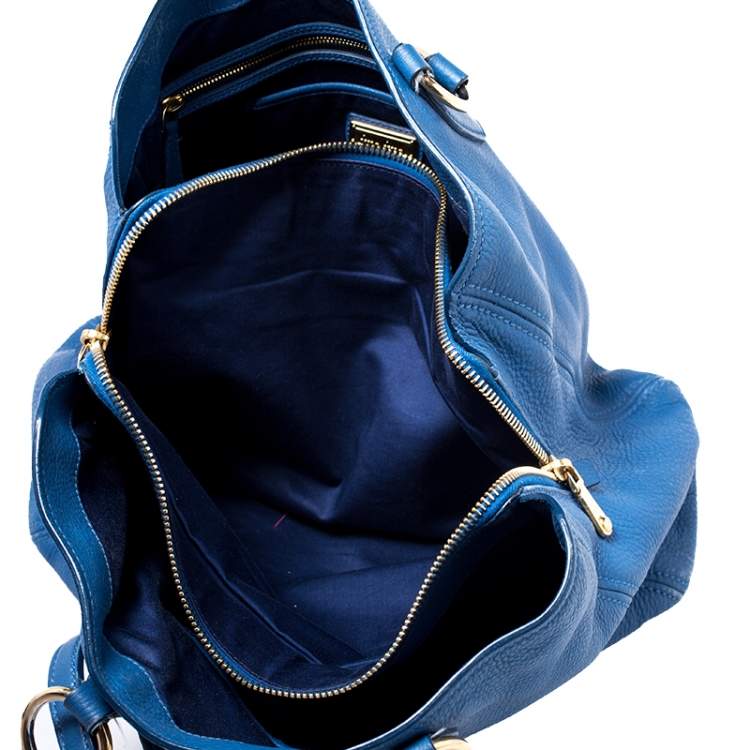 Pre Owned Miu Miu Blue Pebbled Leather Caribou Shopper Tote 