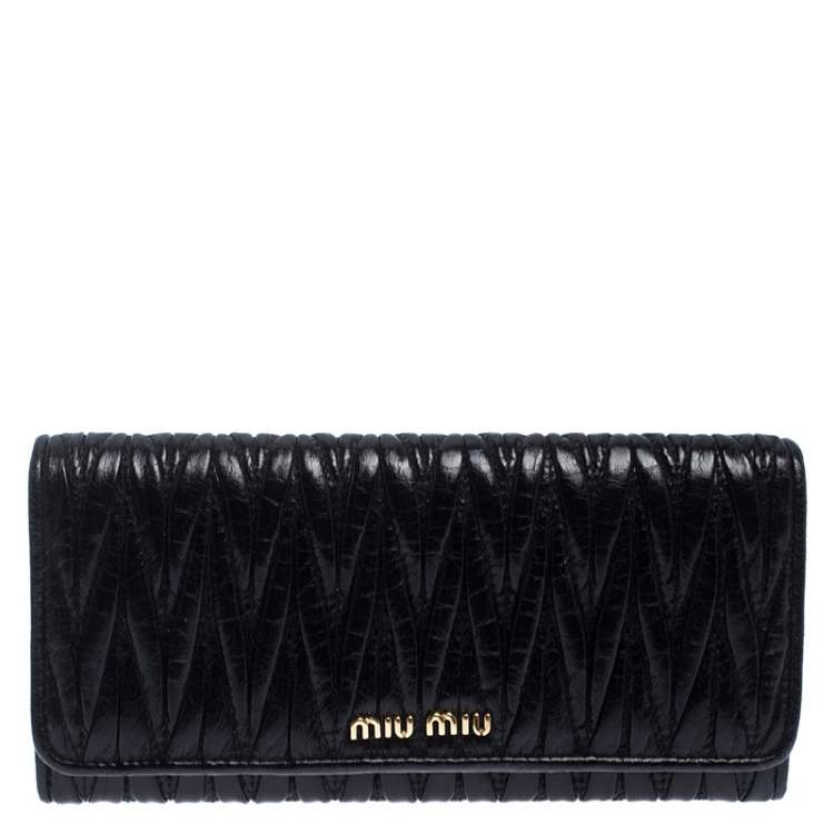 Pre Owned Miu Miu Black Matelassé Leather Flap Continental Wallet