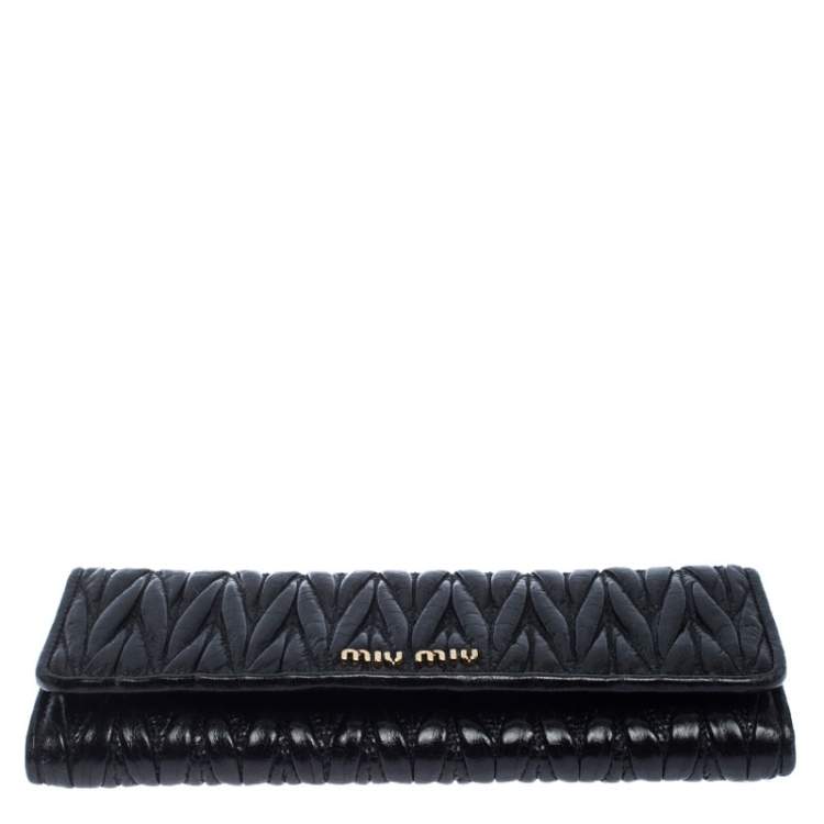 Pre Owned Miu Miu Black Matelassé Leather Flap Continental Wallet
