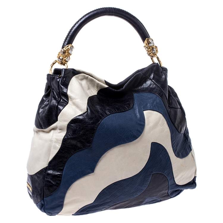 Pre Owned Miu Miu Blue/White Leather Patchwork Hobo