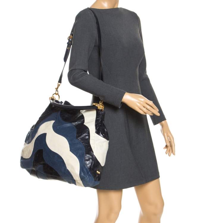 Pre Owned Miu Miu Blue/White Leather Patchwork Hobo