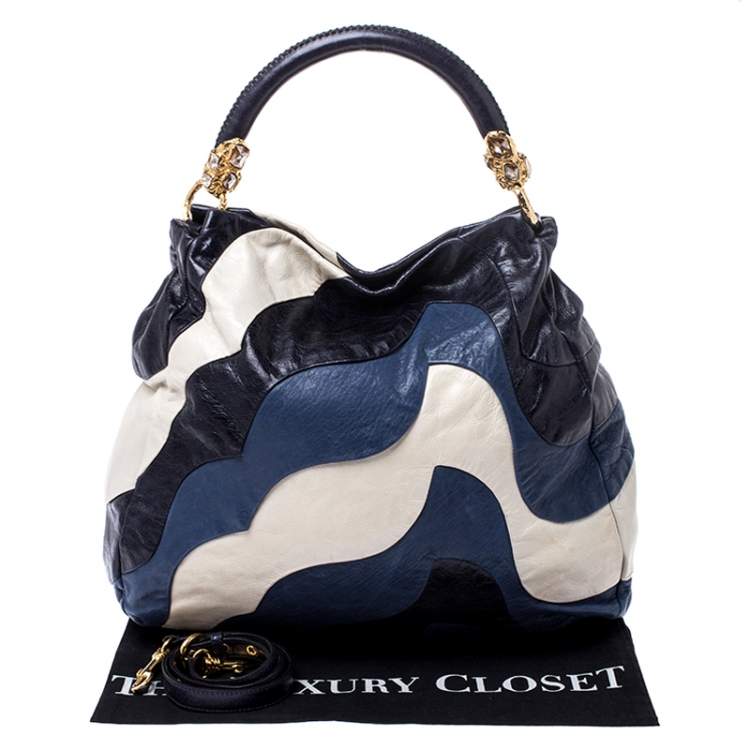 Pre Owned Miu Miu Blue/White Leather Patchwork Hobo