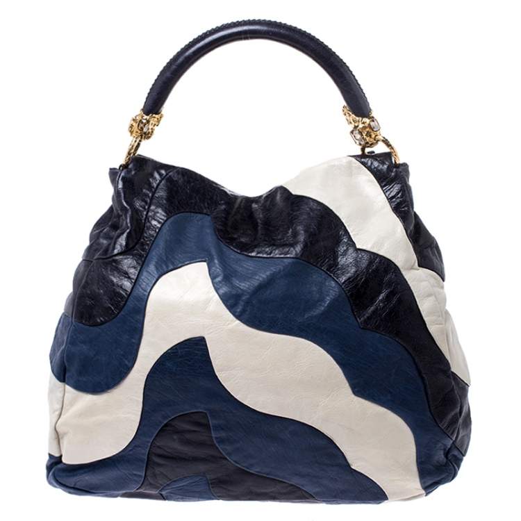 Pre Owned Miu Miu Blue/White Leather Patchwork Hobo