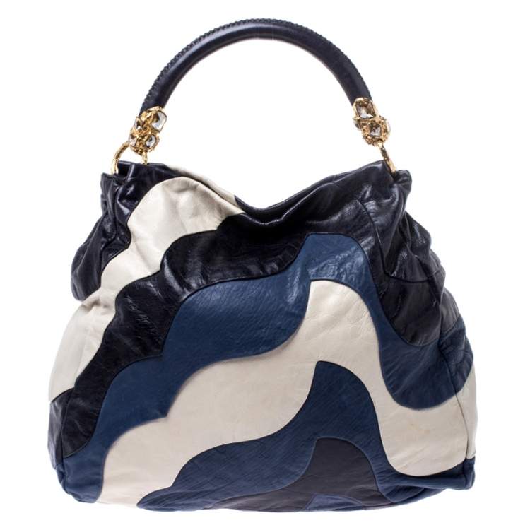 Pre Owned Miu Miu Blue/White Leather Patchwork Hobo