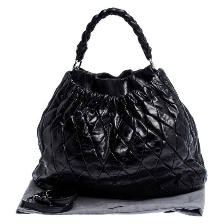 Pre Owned Miu Miu Black Glazed Quilted Leather Large Harlequin Hobo