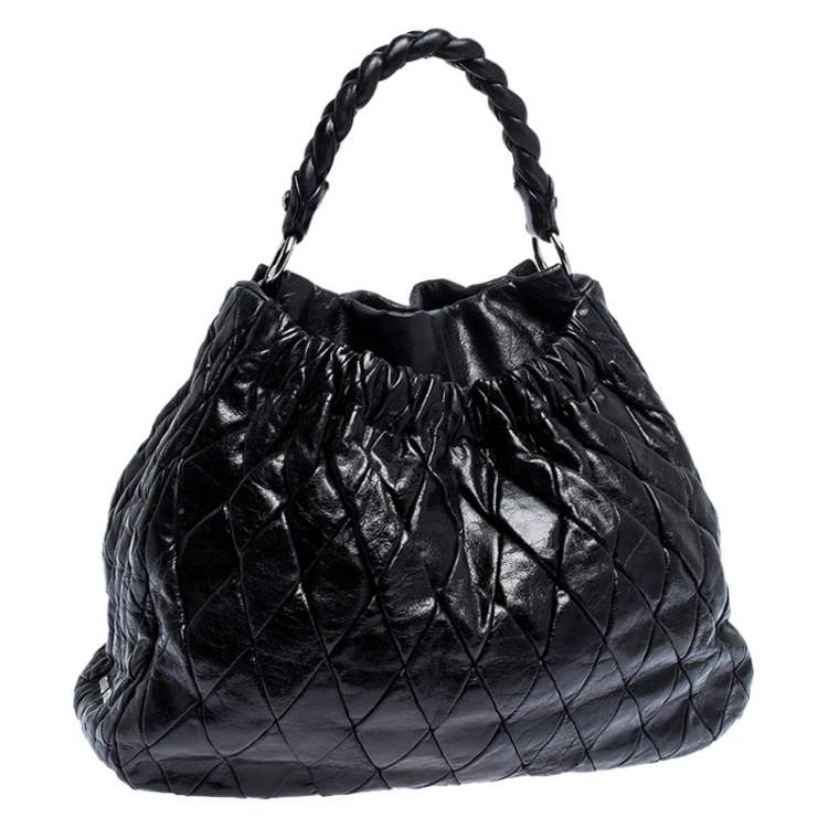 Pre Owned Miu Miu Black Glazed Quilted Leather Large Harlequin Hobo