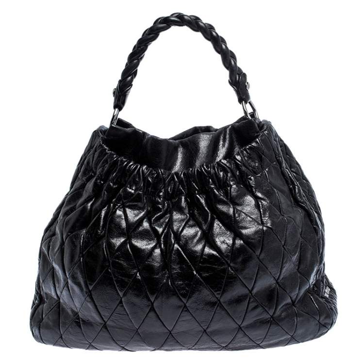 Pre Owned Miu Miu Black Glazed Quilted Leather Large Harlequin Hobo