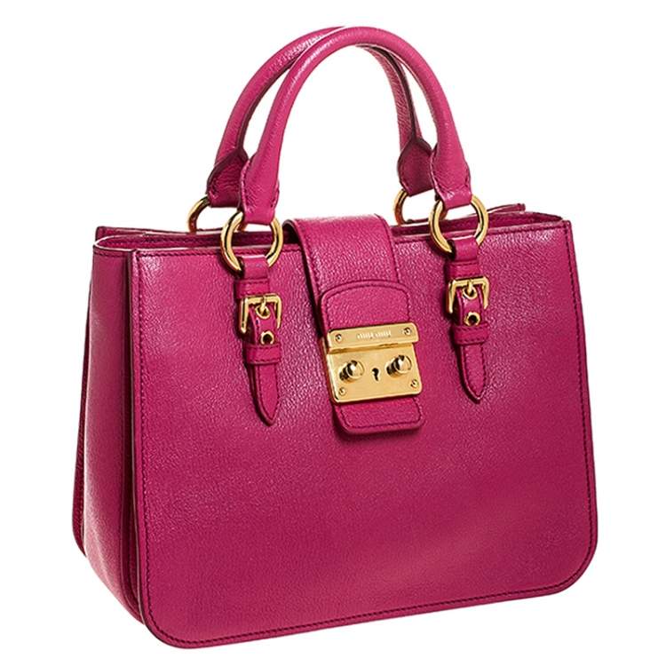 Pre Owned Miu Miu Fuschia Leather Medium Madras Tote