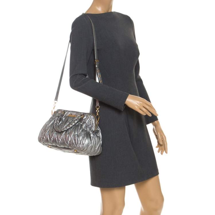 Pre Owned Miu Miu Silver Matelasse Leather Small Satchel