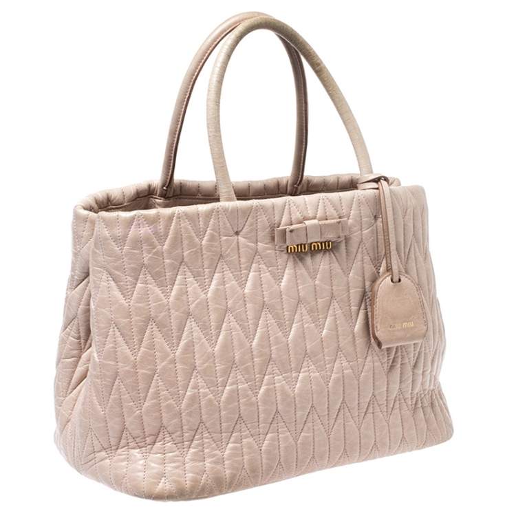 Pre Owned Miu Miu Beige Metalasse Leather Covertible Tote