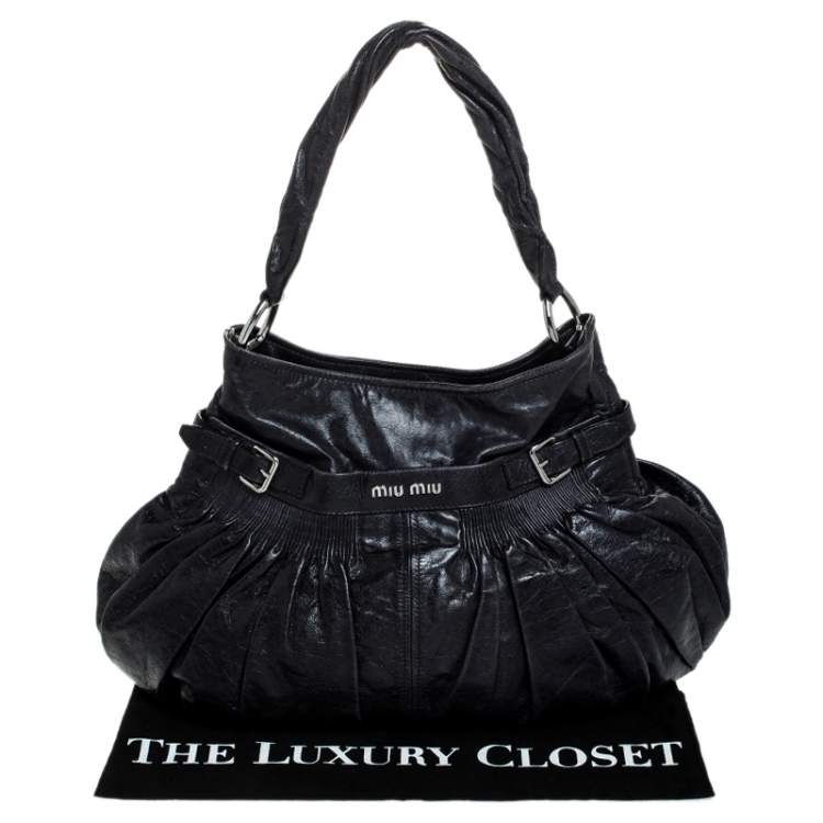 Pre Owned Miu Miu Navy Blue Leather Gathered Hobo