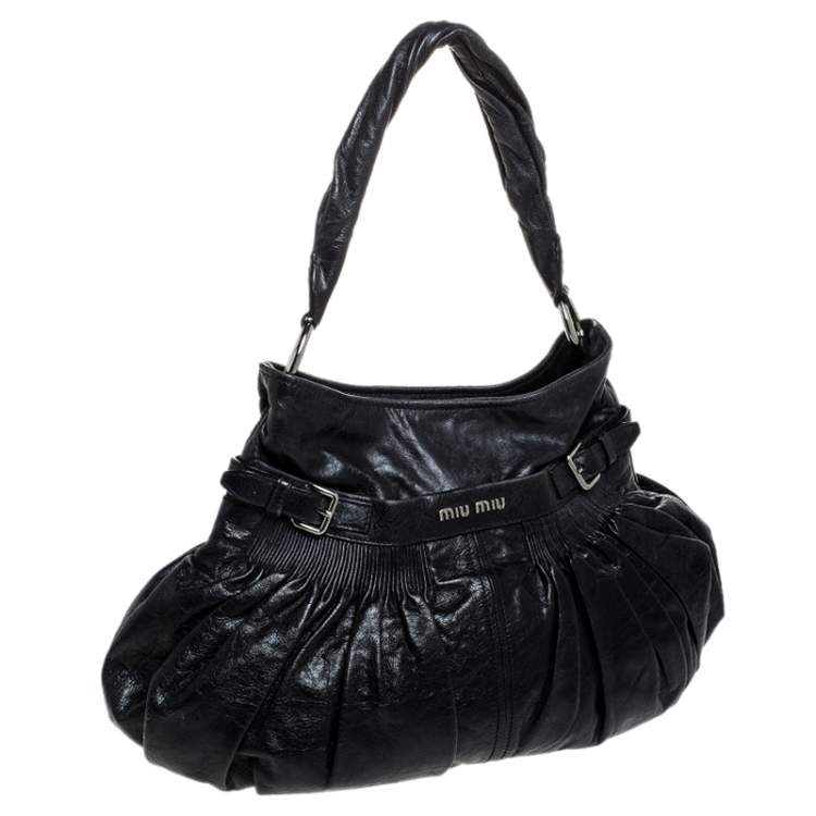 Pre Owned Miu Miu Navy Blue Leather Gathered Hobo