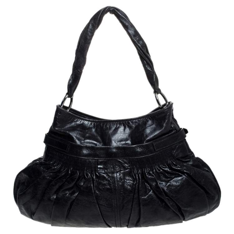 Pre Owned Miu Miu Navy Blue Leather Gathered Hobo