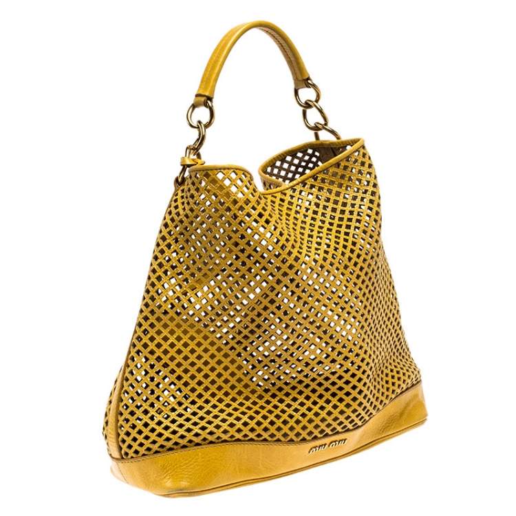 Pre Owned Miu Miu Mustard Cut Out Leather Hobo