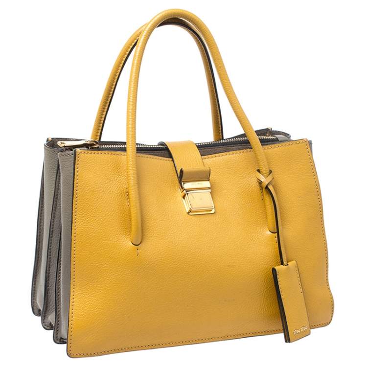 Pre Owned Miu Miu Mustard Madras Leather Push Lock Tote